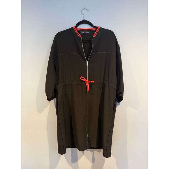 Zara Dresses & Skirts - Zara Black Zip Front Drawstring Dress – Red Trim – Size M